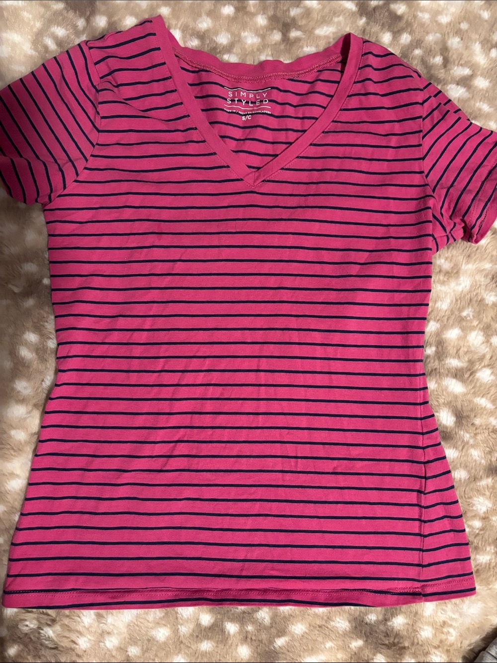 Pink and Navy Striped V-Neck Womens Tee